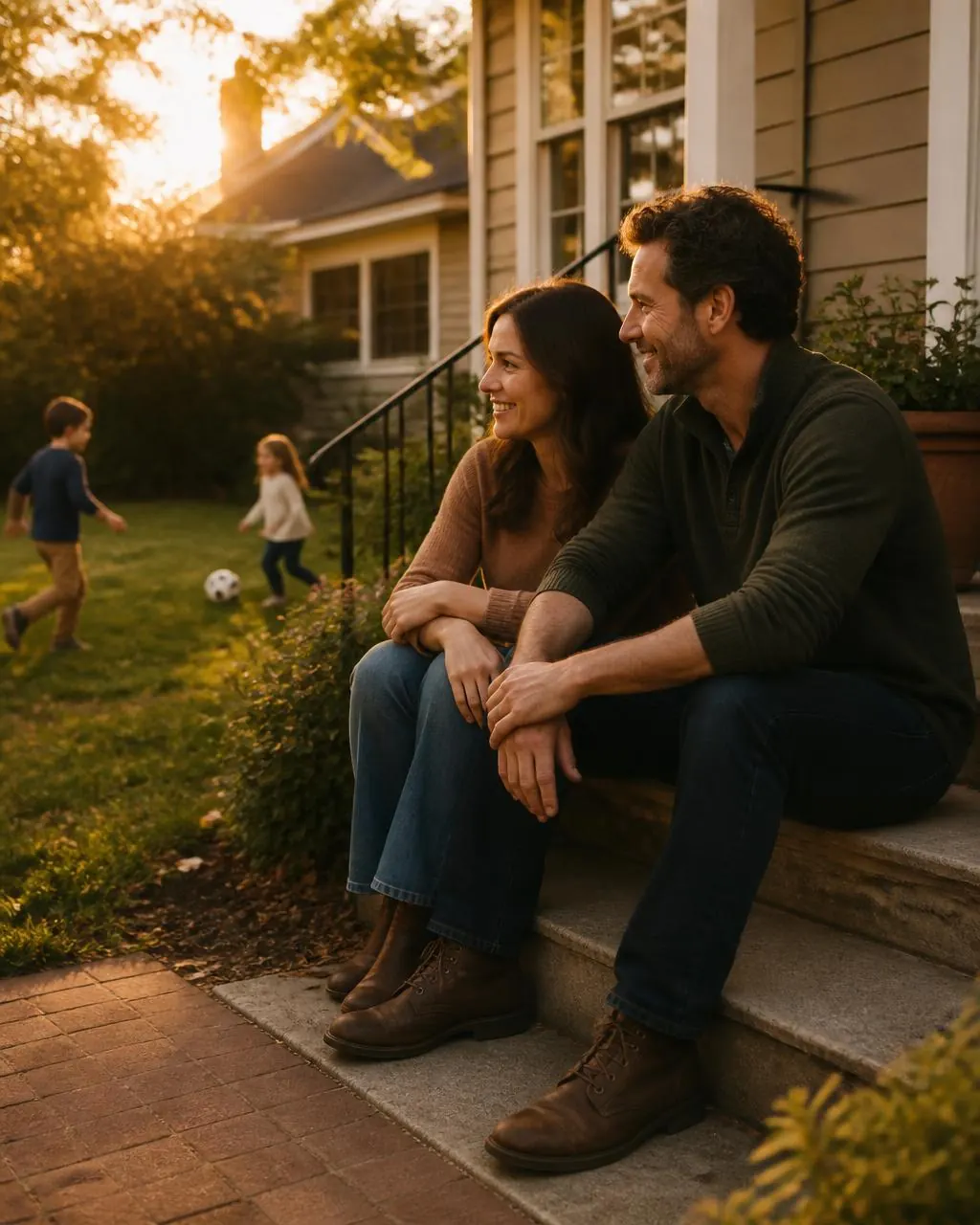 A couple sitting on their front steps at golden hour while their children play on the lawn